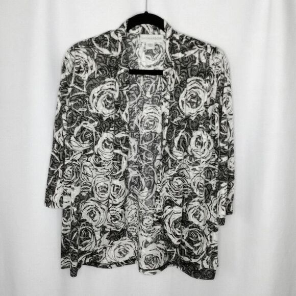 Sag Harbor Floral Lghtwght Flowy Cardigan Rose Open Front 3/4 Slve Black  Small - Picture 1 of 4